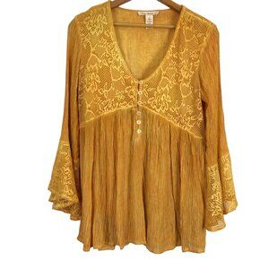 Indigo Thread Women's Babydoll Top Small Bell Sleeve Woven Lace Boho Yellow